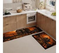 JEDTAKCT Dark Halloween Haunted House Kitchen Rug Sets 2 Piece Kitchen Mats | Non Slip Washable Runners Floor Mat Burnt Orange Pumpkin Moonlit Sky Doormat For Laundry Room Entryway 40X60+40X120
