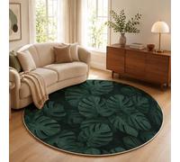 JEDTAKCT Dark Realistic Monstera Short Pile Area Rugs Living Room Round 180 Cm | Tropical Plant Landscape Dark Green Washable Circle Rugs, Anti Slip Thin Round Carpet For Dining Room Bedroom