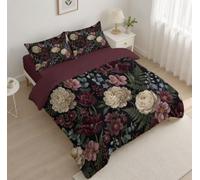 JEDTAKCT Dark Retro Floral Coverless Double Soft Duvet Set 3-Pieces | Gothic Peony Tulip Reversible 7.5 Tog Comforter Set With 2 Shams, Black Breathable Bedding For All Seasons