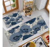 JEDTAKCT Delicate Poppies Kitchen Floor Mats, 2 Pcs Stain-Resistant Set, Absorbent Quick Drying, Non-Slip Kitchen Carpets Rugs, Victorian Aesthetics Runners Mat (Indigo, 50X80Cm+50X150Cm)
