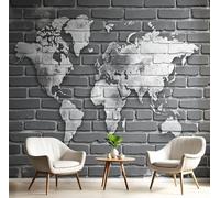 JEDTAKCT Distressed World Map Wall Murals Brick Landscape 3D Wall Mural Charcoal Gray Large Photo Wallpaper Hd Printing Print for Living Room Bedroom Hallway Stairway Home Decoration, 200X140Cm