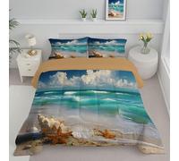JEDTAKCT Double Duvet - Coverless Duvet With Pillowcase - Reversible 3D Shell Waves Printed Quilt With Beach Landscape Pattern - Lightweight Washable Comforter - 200X200Cm - Turquoise