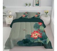 JEDTAKCT Double Duvet - Coverless Duvet With Pillowcase - Reversible Chinese Red Lotus Printed Quilt With Ink Plants Pattern - Lightweight Washable Comforter - 200X200Cm - Dark Gray