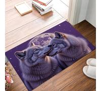 JEDTAKCT Dreamy Wolf Couple Door Mat 45X75Cm, Machine Washable Mat Super Soft Non Slip Doormat Indoor Outdoor Full Moon Animal Landscape Absorbent Floor Mats Kitchen Carpet Entrance Rug, Purple