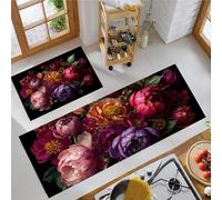 JEDTAKCT Elegant Baroque Bouquet Kitchen Rugs Set Of 2 Non Slip Kitchen Mats For Floor Washable Comfort Standing Mats For Office Home, Purple-Red Luxurious Plants Hallway Decor, 20"X30"+20"X59"