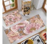 JEDTAKCT Elegant Poppy Kitchen Carpet Runners Blush Pink Non Slip Washable Kitchen Rug Set Absorbent Dreamy Plant Low Pile Floor Mat For Bedroom Entrance Laundry Room, 43X75Cm+43X150Cm