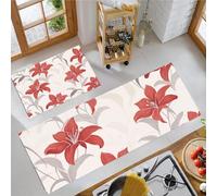 JEDTAKCT Elegant Red Lily Kitchen Mats Non Slip Washable Kitchen Rug Sets 2 Piece Light Gray Simple Plants Carpet Runners Floor Mat For Hallway Laundry Room 50X80Cm+50X150Cm