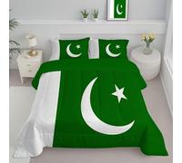 JEDTAKCT Emerald Green Single Duvet, Quilt 4.5 Tog For Summer Autumn, Reversible Coverless Duvet With Pakistani Flag Simple Star And Crescent, Lightweight Soft Comforter, 140X200Cm, Washable
