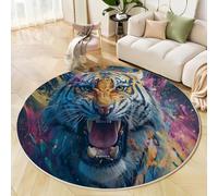 JEDTAKCT Fierce Tiger Round Area Rugs 100 Cm, Soft Circle Rug Low Pile Washable Round Carpet, Ink Splash Animal Rug Non Slip Powder Blue Circle Carpets For Bedroom Girls Room Playroom