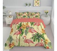 JEDTAKCT Flamingo Jungle Coverless Duvet Single 4.5 Tog, Tropical Animals Reversible Comforter With Pillowcases, 140X200Cm Quilt Lightweight Warm All Season 200Gsm Filling, Yellow