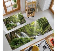 JEDTAKCT Forest Waterfall Kitchen Rugs Sets Of 2 Non Slip Washable Natural River Kitchen Rugs And Mats For Floor Dark Green Absorbent Runner Rug Floor Carpet For Laundry Hallways Office