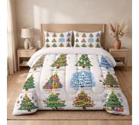 JEDTAKCT Fun Christmas Posters Reversible Coverless Duvet Double 7.5 Tog | White Hand-Painted Christmas Tree Stars Quilt Comforter Set Soft Lightweight Warm All Seasons Washable 200X200Cm Bedding Set