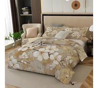 JEDTAKCT Gold Foil Wood Printed Duvet Cover Cream Flowers Printed Duvet Cover Set,Reversible Lightweight Bedding Sets 3Pcs With Zipper Closure (Double, 200X200Cm) Easy Care Bedding Set Cover Duvet