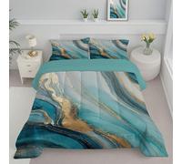 JEDTAKCT Gold Marble King Duvet Reversible Coverless Duvet, Soft All Seasons Comforter Turquoise Machine Washable Microfiber Quilt With Pillowcases, 240X220Cm Abstract Waves