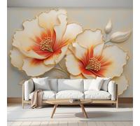 JEDTAKCT Gradient Floral Relief Wallpaper - Luxurious Exotic Plants Wall Mural 400X280Cm (W X H), Orange Color Premium Non-Woven Photo Wallpaper Mural for Bedroom, Living Room, Hallway, Home Decor