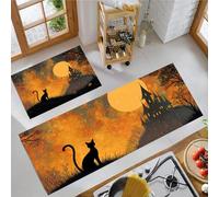 JEDTAKCT Halloween Black Cat Carpet Runners For Kitchen Non-Slip Gothic Castle Kitchen Rug Runner Washable Short Pile Floor Mat For Entryway Bedroom Laundry Room, Coral Orange, 44X75Cm+44X120Cm