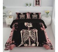 JEDTAKCT Halloween Skull Coverless Duvet Double 4.5 Tog, Gothic Rose Reversible Comforter With Pillowcases, 200X200Cm Quilt Lightweight Warm All Season 200Gsm Filling, Blush Pink