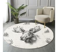 JEDTAKCT Hand-Drawn Moose Rugs, Animal Illustration Round Large Area Rug, Non-Slip Circle Carpet For Bedroom Kitchen, Washable Non Shedding Rug For Living Rooms Corridors, 200 Cm, Black And White