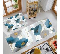 JEDTAKCT Hand Drawn Poppies Kitchen Carpet Runners Navy Blue Non Slip Washable Kitchen Rug Set Absorbent Japanese Style Plants Low Pile Floor Mat For Bedroom Entrance Laundry Room, 50X80Cm+50X150Cm