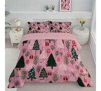 JEDTAKCT Hand-Painted Christmas Tree Coverless Duvet Double 4.5 Tog, Reversible Comforter With Pillowcases, 200X200Cm Quilt Lightweight Warm All Season 200Gsm Filling, Blush Pink