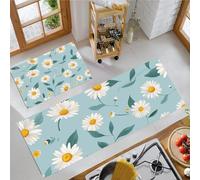 JEDTAKCT Hand-Painted Daisy Kitchen Mats Non Slip Washable Kitchen Rug Sets 2 Piece Sky Blue Cute Florals Carpet Runners Floor Mat For Hallway Laundry Room 50X80Cm+50X150Cm
