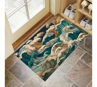 JEDTAKCT Hand-Painted Ocean Waves Door Mat Indoor 40X60Cm, Turquoise Washable Entrance Doormat Inside, Non-Slip Rubber Backed Entryway Floor Carpet Japanese Landscape Short Pile Small Rug For Hallway
