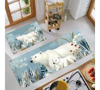 JEDTAKCT Hand-Painted Wildflowers Kitchen Floor Mats, 2 Pcs Stain-Resistant Set, Absorbent Quick Drying, Non-Slip Kitchen Carpets Rugs, Cute White Bear Runners Mat (Light Blue, 50X80Cm+50X150Cm)