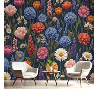 JEDTAKCT Hand Painted Wildflowers Wall Murals Natural Plants 3D Wall Mural Dark Blue Large Photo Wallpaper Hd Printing Print for Living Room Bedroom Hallway Stairway Home Decoration, 250X175Cm
