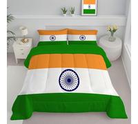 JEDTAKCT Indian Flag Coverless Duvet Double 4.5 Tog Spring Summer, Yellow Green, Ethnic Geometric Soft Cosy Lightweight Quilt, Machine Washable, All In One Reversible Comforter Set