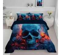JEDTAKCT Indigo Super King Duvet Flame Skull Reversible Coverless Duvet All Seasons Quilt With Halloween Rose Printed, Lightweight Soft Comforter Set With Pillowcase, Washable