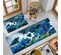 JEDTAKCT Ink Blue Lotus Kitchen Rugs Sets Of 2 Non Slip Washable Chinese Plants Kitchen Rugs And Mats For Floor Indigo Absorbent Runner Rug Floor Carpet For Laundry Hallways Office