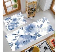 JEDTAKCT Ink Flowers Carpet Runners For Kitchen Non-Slip Oriental Plants Kitchen Rug Runner Washable Short Pile Floor Mat For Entryway Bedroom Laundry Room, Indigo, 44X75Cm+44X120Cm