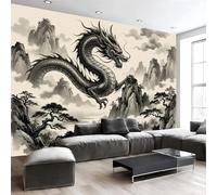 JEDTAKCT Ink Painting Style Dragon Landscape Background Wall Mural - 350X256Cm Chinese Aesthetics Photo Wallpaper for Boys' Bedroom, Living Room, Playroom, Teen Room, Beige 3D Photo Mural Wall Art