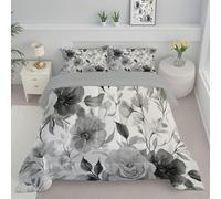 JEDTAKCT Ink Rose King Duvet Set, Soft Reversible Coverless Duvet With Pillowcases, Hand Painted Garden Printed Down Alternative Bedding Comforter Sets For All Seasons, Charcoal Gray