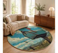 JEDTAKCT Japanese Anime Aesthetics Low Pile Circle Rug Living Room 180 Cm | Modern Area Rugs, Machine Washable Bedside Rugs, Non-Slip Carpet, Retro Mailbox Rural Printed, Blue-Green
