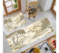 JEDTAKCT Japanese Garden Kitchen Floor Mats, 2 Pcs Stain-Resistant Set, Absorbent Quick Drying, Non-Slip Kitchen Carpets Rugs, Plant Landscape Runners Mat (Beige, 40X60Cm+40X120Cm)