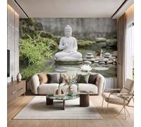 JEDTAKCT Japanese-Style Stone Statue Landscape Wallpaper, Bedroom Non-Woven Wall Paper for Living Room | Green Bamboo Lake Wall Mural, Grey Custom Size Photo Wallpaper, Modern Home Decor, 350X256Cm