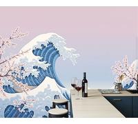 JEDTAKCT Japanese-Style Waves Flowers 3D Photo Wallpaper Mural Powder Blue Ukiyo-E Landscape Art Print Murals, Indoor Photo Wall Painting for Living Room Tv Backdrop Kids Room Decor 250X175Cm (W X H)