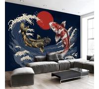 JEDTAKCT Japanese-Style Waves Koi Fish Wall Mural Ukiyo-E Animals Mural Deep Blue Photo Wallpaper Art Print Wall Murals Decoration Poster Picture Wallpaper for Living Room Bedroom 350X256Cm (W X H)