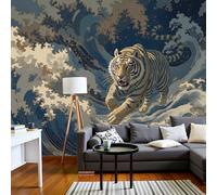 JEDTAKCT Japanese Ukiyo-E Style Animals Wallpaper, Waves Tiger Mural Wallpaper for Living Room, Retro Bedroom Wall Paper, Not Self Adhesive Dark Blue 3D Large Wall Mural Home Decor Poster, 250X175Cm