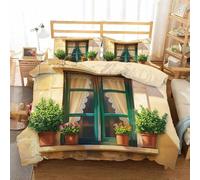 JEDTAKCT King Duvet Cover Set - Microfibre Reversible Duvet Set,Country Style Windows Prints Bedding King Bed Set Green Potted Plants Prints Super King Bedding Set Polyester Quilt Set