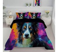 JEDTAKCT King Duvet - Coverless Duvet With Pillowcase - Reversible Cute Australian Shepherd Printed Quilt With Graffiti Animal Pattern - Lightweight Washable Comforter - 240X220Cm - Violet