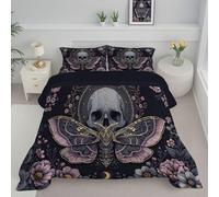 JEDTAKCT King Duvet - Coverless Duvet With Pillowcase - Reversible Gothic Skull Printed Quilt With Moth Floral Pattern - Lightweight Washable Comforter - 240X220Cm - Plum