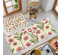 JEDTAKCT Kitchen Rug Sets 2 Piece Ethnic Flowers Mats Non Slip Washable Kitchen Runners Floor Mat Olive Green Plant Geometry For Laundry Room Hallway Front Door 40X60Cm+40X120Cm