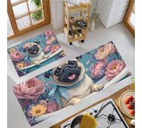 JEDTAKCT Kitchen Rug Sets 2 Piece Fun Pug Bathtub Mats Non Slip Washable Kitchen Runners Floor Mat Blue And Pink Dreamy Flowers For Laundry Room Hallway Front Door 40X60+40X120Cm
