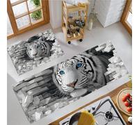 JEDTAKCT Kitchen Rugs Sets Of 2 Non Slip Washable Anti Fatigue Mats For Floor Gray White Wild White Tiger Mat Set Kitchen Runner Rug Carpet Abstract 3D Space Standing Mats (40X60Cm+40X120Cm)