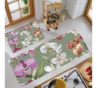 JEDTAKCT Kitchen Rugs Sets Of 2 Non Slip Washable Anti Fatigue Mats For Floor Sage Green Leopard Orchid Mat Set Kitchen Runner Rug Carpet Elegant Plants Standing Mats (50X80Cm+50X150Cm)