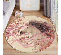 JEDTAKCT Large Area Rug Fantasy White Horse Short Pile Rug ∅ 120 Cm Sakura Stripes Washable Non Slip Non-Shedding Circle Carpet, Home Living Room Bedroom Office Kitchen Mat, Beige