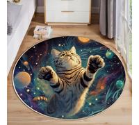 JEDTAKCT Large Round Rugs 100 Cm, Cosmic Cat Area Rug For Living Room Fantasy Planet Pattern Floor Mat Rugs Non Slip, Washable Turquoise Circle Rug For Kids Room Bedroom Entryway