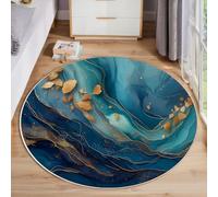 JEDTAKCT Large Round Rugs 120 Cm, Gold Foil Swirl Area Rug For Living Room Dreamy Marble Pattern Floor Mat Rugs Non Slip, Washable Indigo Circle Rug For Kids Room Bedroom Entryway